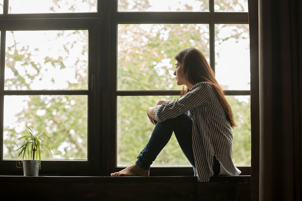 houghtful woman by window natural light